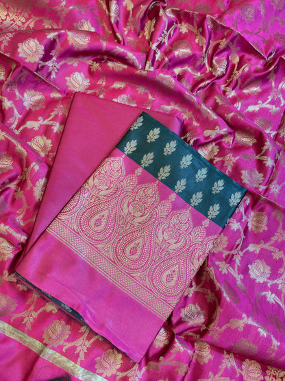 Darkgreen Art Silk Floral Zari Booti Contrast Banarasi Suit with Pink Dupatta 625AJ_TPT6