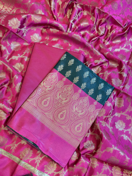 Darkgreen Art Silk Floral Zari Booti Contrast Banarasi Suit with Pink Dupatta 625AJ_TPT6