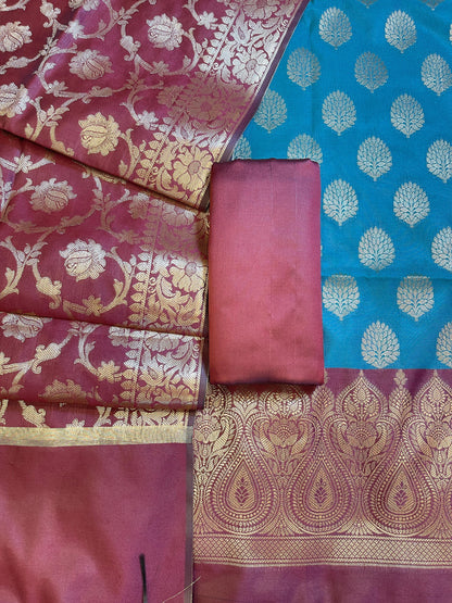 Seagreen Art Silk Floral Zari Boota Contrast Banarasi Suit with Maroon Dupatta 625AJ_TPT7