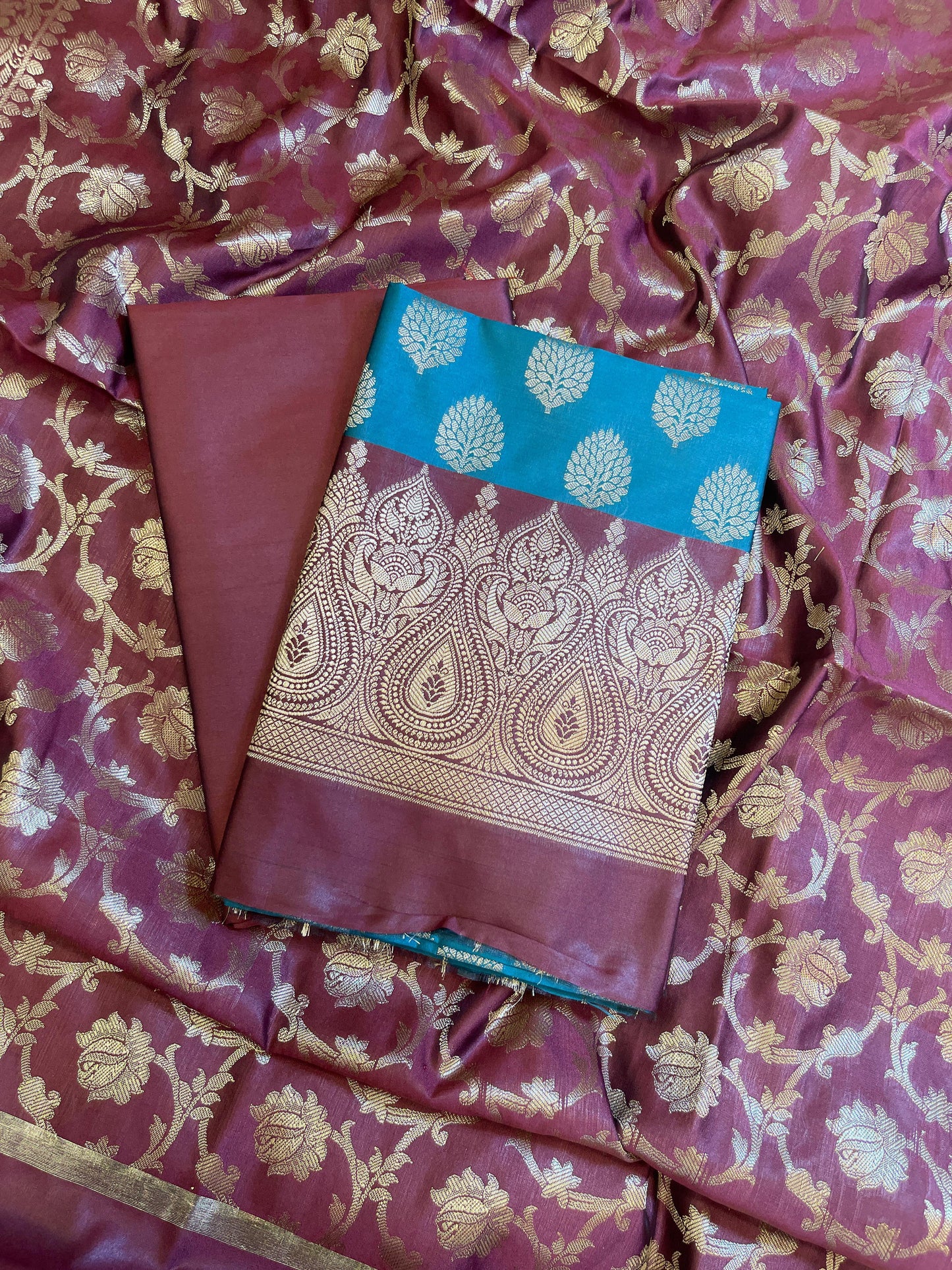 Seagreen Art Silk Floral Zari Boota Contrast Banarasi Suit with Maroon Dupatta 625AJ_TPT7