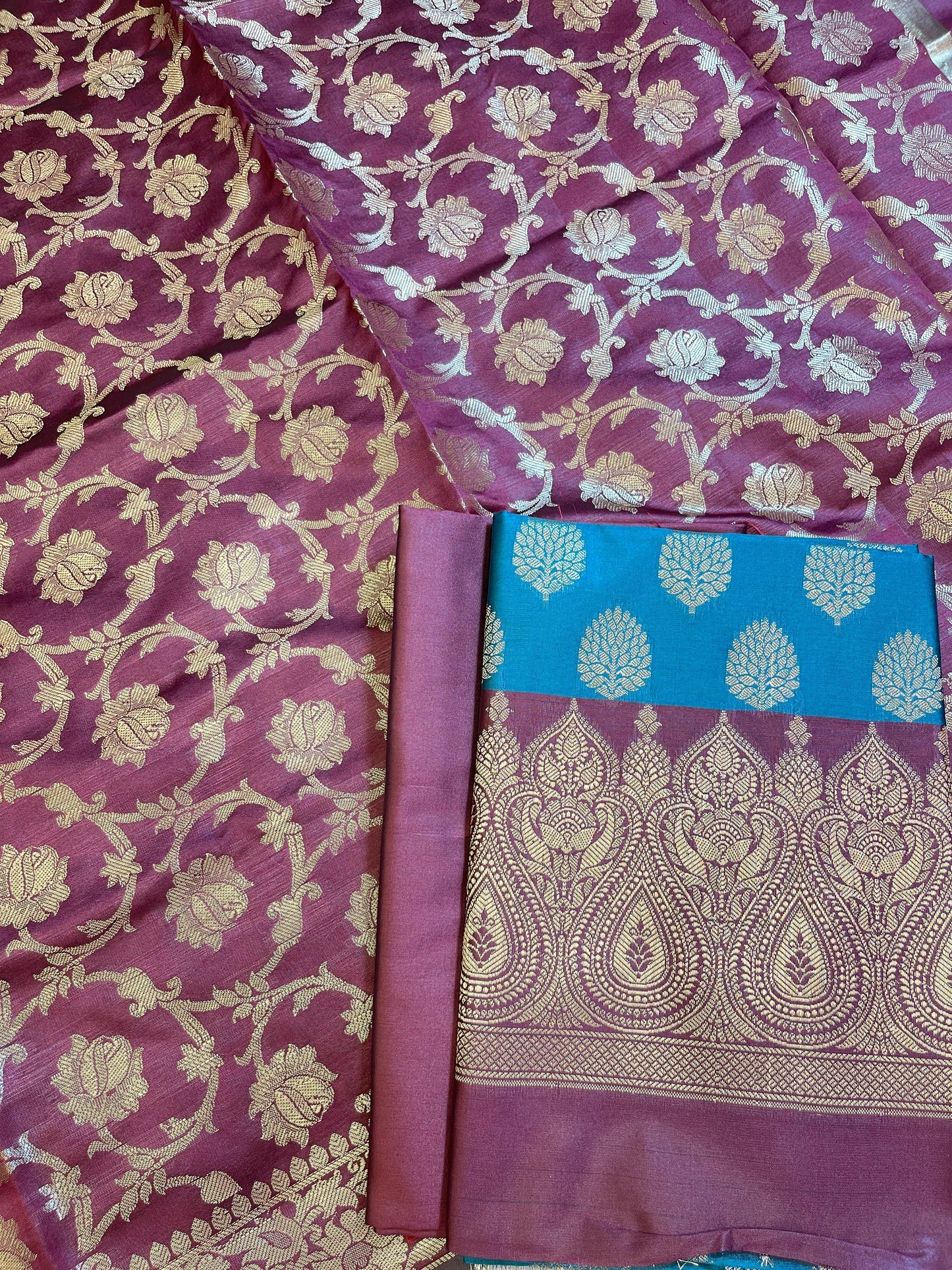 Seagreen Art Silk Floral Zari Boota Contrast Banarasi Suit with Maroon Dupatta 625AJ_TPT7