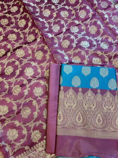 Seagreen Art Silk Floral Zari Boota Contrast Banarasi Suit with Maroon Dupatta 625AJ_TPT7