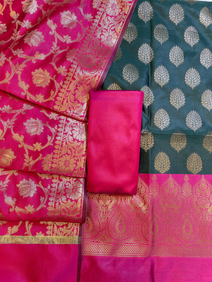 Darkgreen Art Silk Floral Zari Boota Contrast Banarasi Suit with Pink Dupatta 625AJ_TPT8