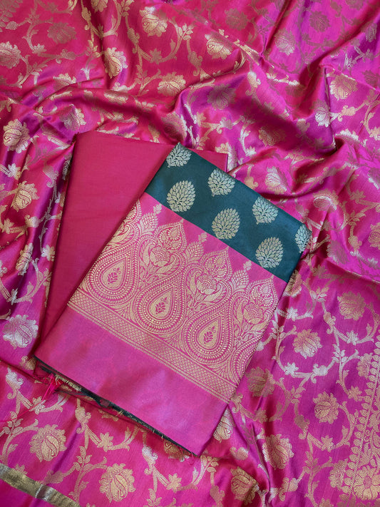 Darkgreen Art Silk Floral Zari Boota Contrast Banarasi Suit with Pink Dupatta 625AJ_TPT8