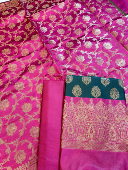 Darkgreen Art Silk Floral Zari Boota Contrast Banarasi Suit with Pink Dupatta 625AJ_TPT8