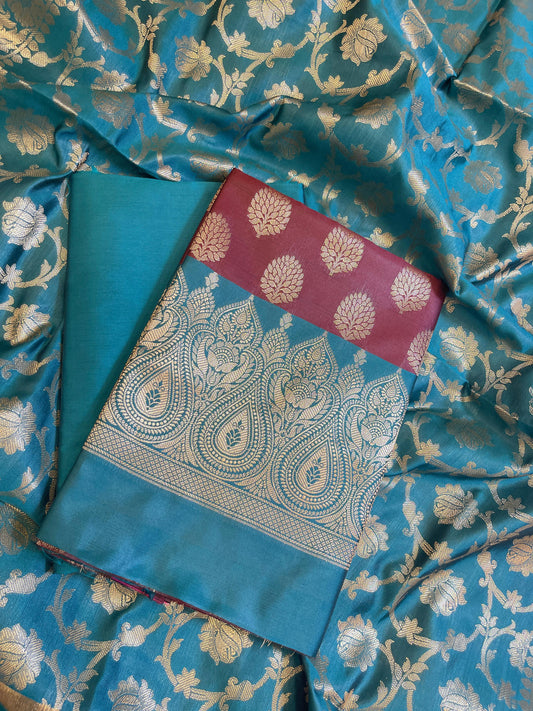 Maroon Art Silk Floral Zari Boota Contrast Banarasi Suit with Seagreen Dupatta 625AJ_TPT9