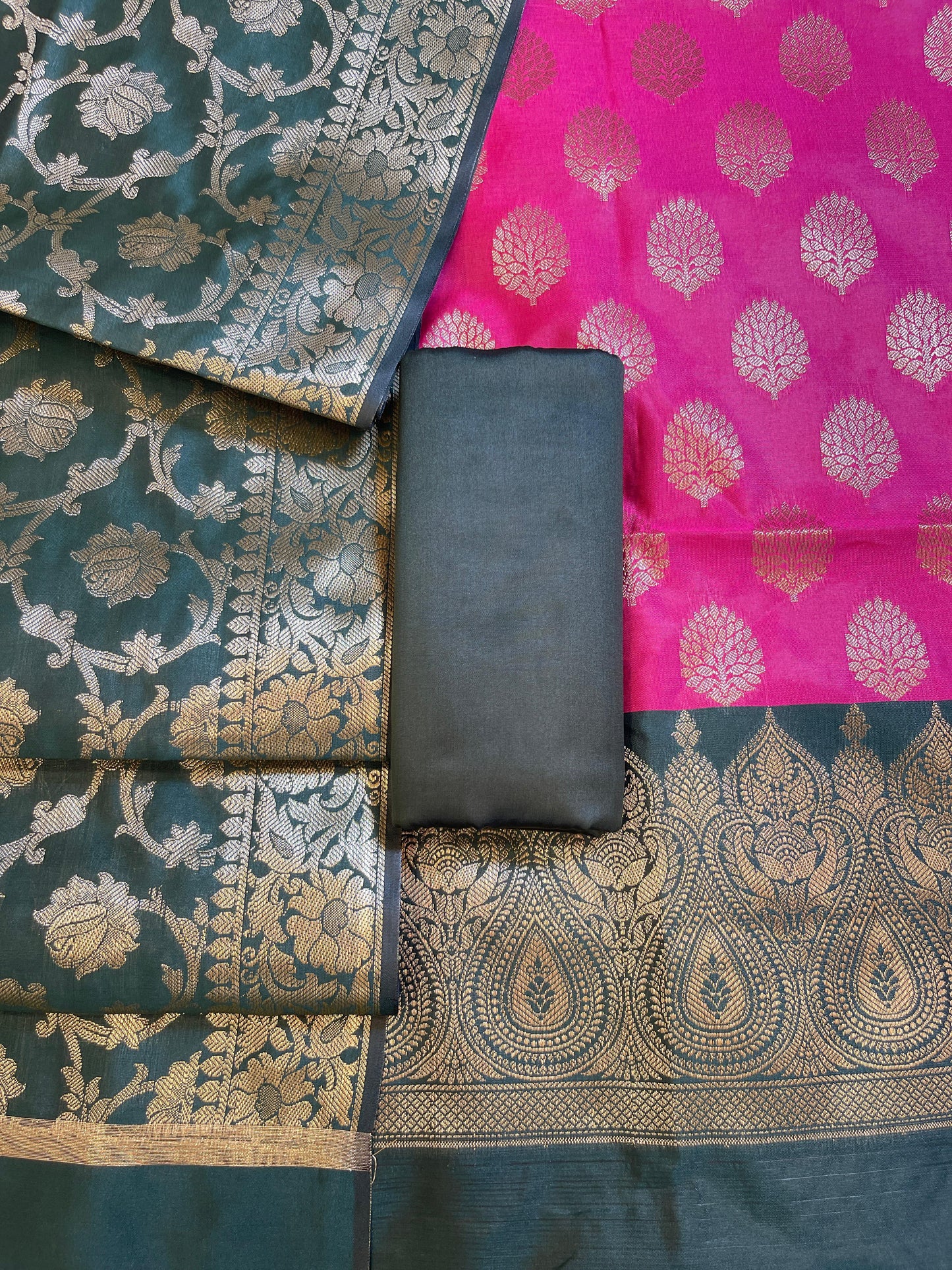 Pink Art Silk Floral Zari Boota Contrast Banarasi Suit with Darkgreen Dupatta 625AJ_TPT10