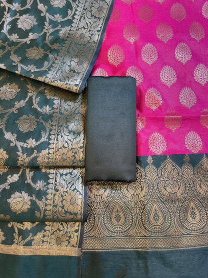 Pink Art Silk Floral Zari Boota Contrast Banarasi Suit with Darkgreen Dupatta 625AJ_TPT10