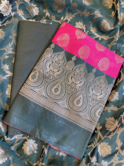 Pink Art Silk Floral Zari Boota Contrast Banarasi Suit with Darkgreen Dupatta 625AJ_TPT10
