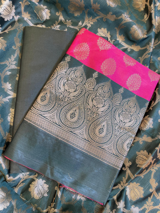 Pink Art Silk Floral Zari Boota Contrast Banarasi Suit with Darkgreen Dupatta 625AJ_TPT10