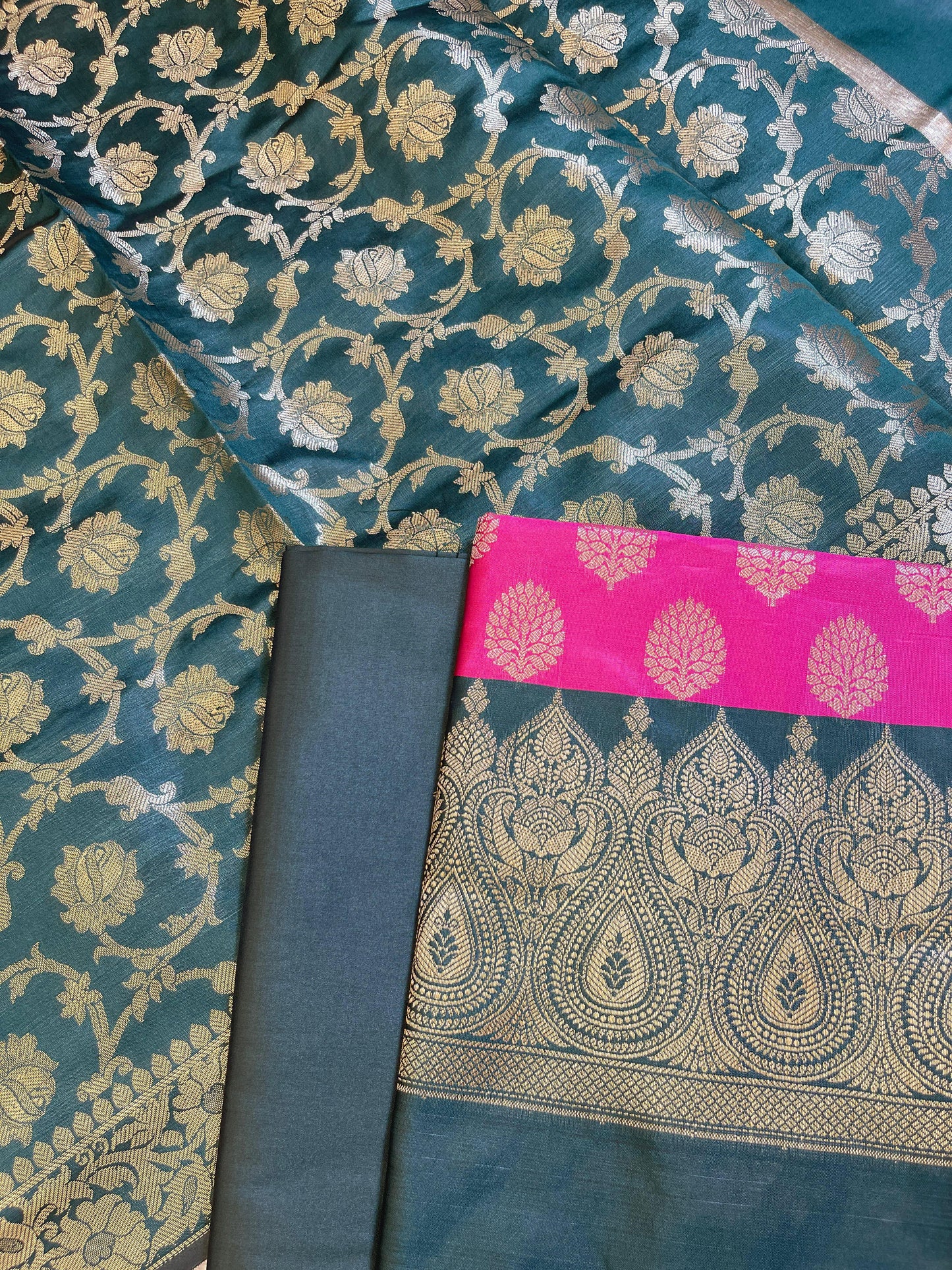 Pink Art Silk Floral Zari Boota Contrast Banarasi Suit with Darkgreen Dupatta 625AJ_TPT10