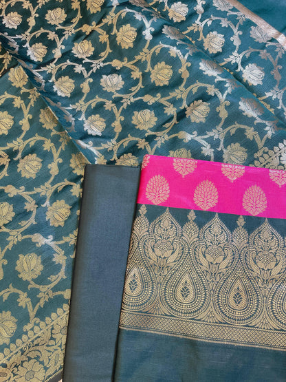 Pink Art Silk Floral Zari Boota Contrast Banarasi Suit with Darkgreen Dupatta 625AJ_TPT10