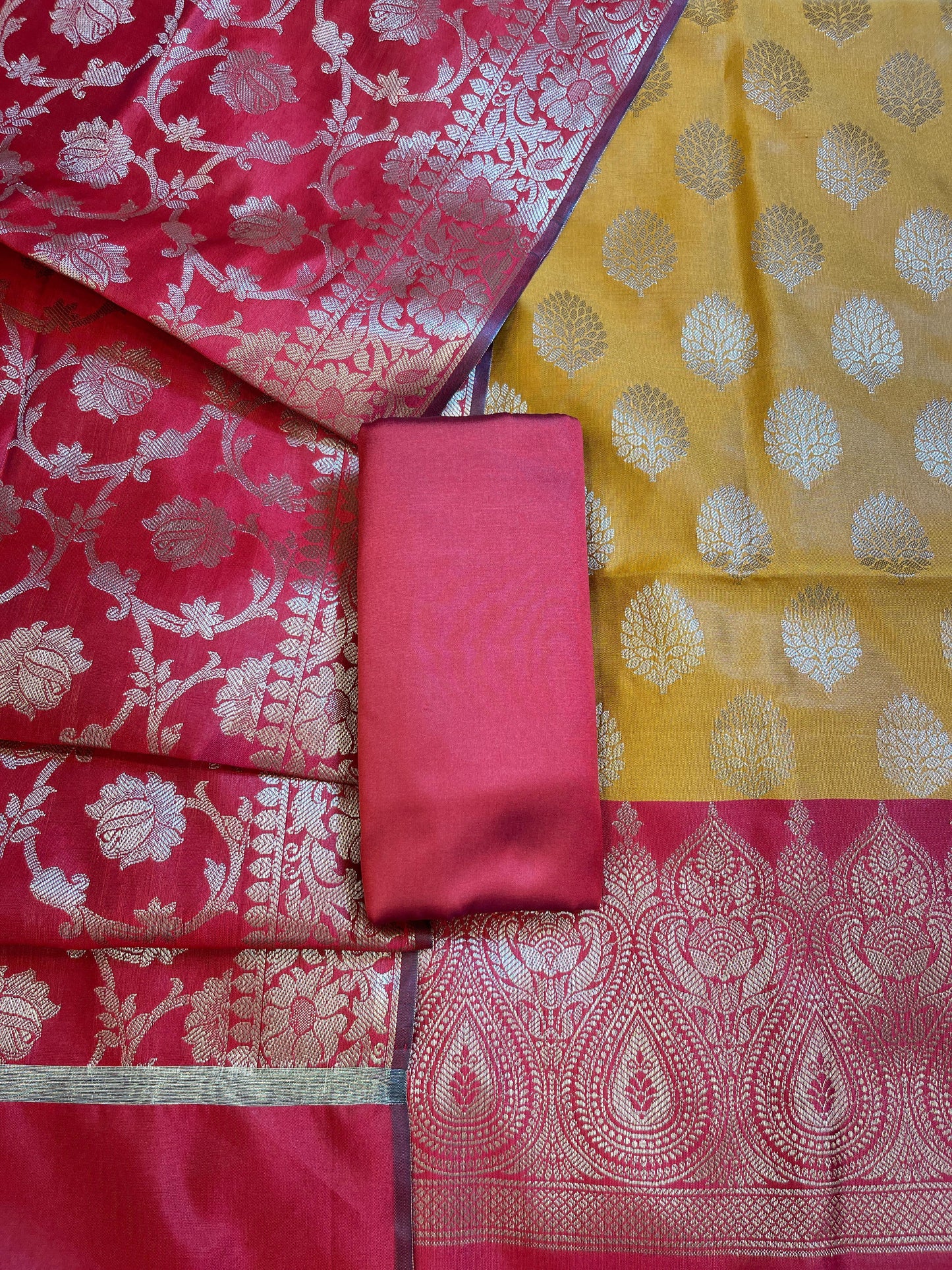 Mustard Art Silk Floral Zari Boota Contrast Banarasi Suit with Red Dupatta 625AJ_TPT12