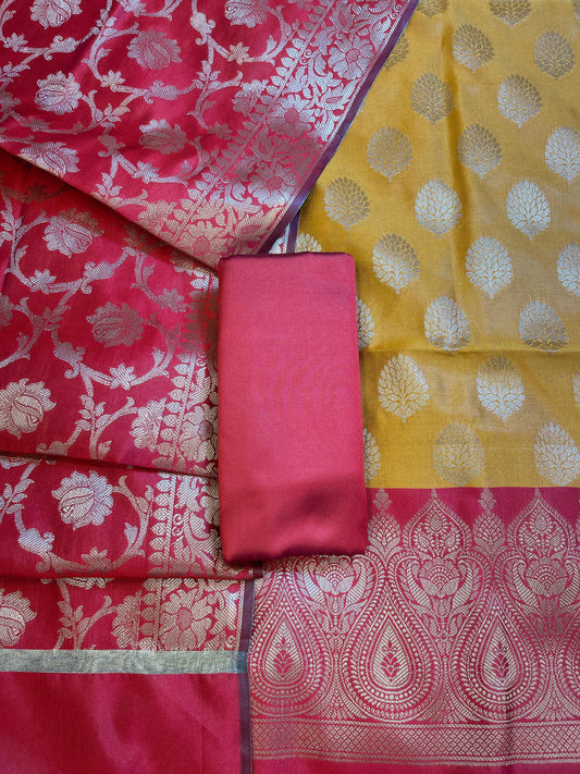 Mustard Art Silk Floral Zari Boota Contrast Banarasi Suit with Red Dupatta 625AJ_TPT12