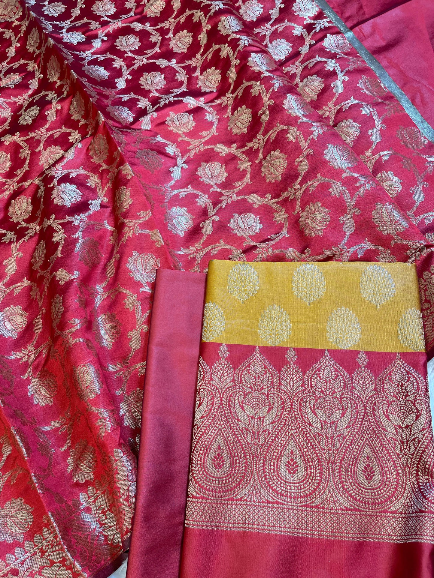 Mustard Art Silk Floral Zari Boota Contrast Banarasi Suit with Red Dupatta 625AJ_TPT12