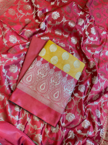 Mustard Art Silk Floral Zari Boota Contrast Banarasi Suit with Red Dupatta 625AJ_TPT12