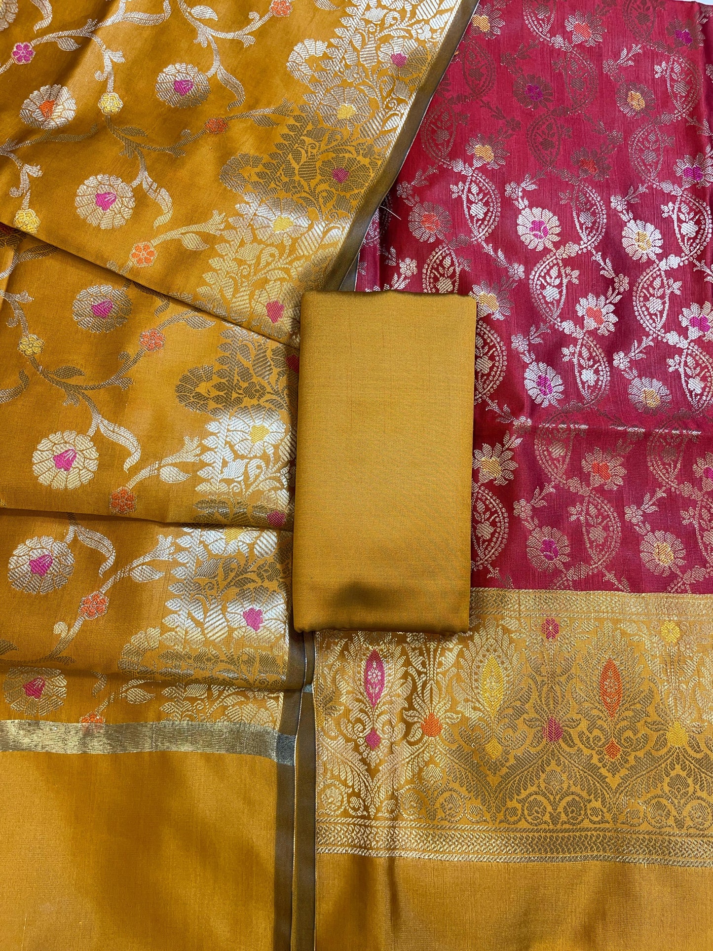 Red Art Silk Floral Zari Mina Jaal Contrast Banarasi Suit with Mustard Dupatta 625AJ_TPT13