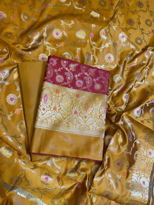 Red Art Silk Floral Zari Mina Jaal Contrast Banarasi Suit with Mustard Dupatta 625AJ_TPT13
