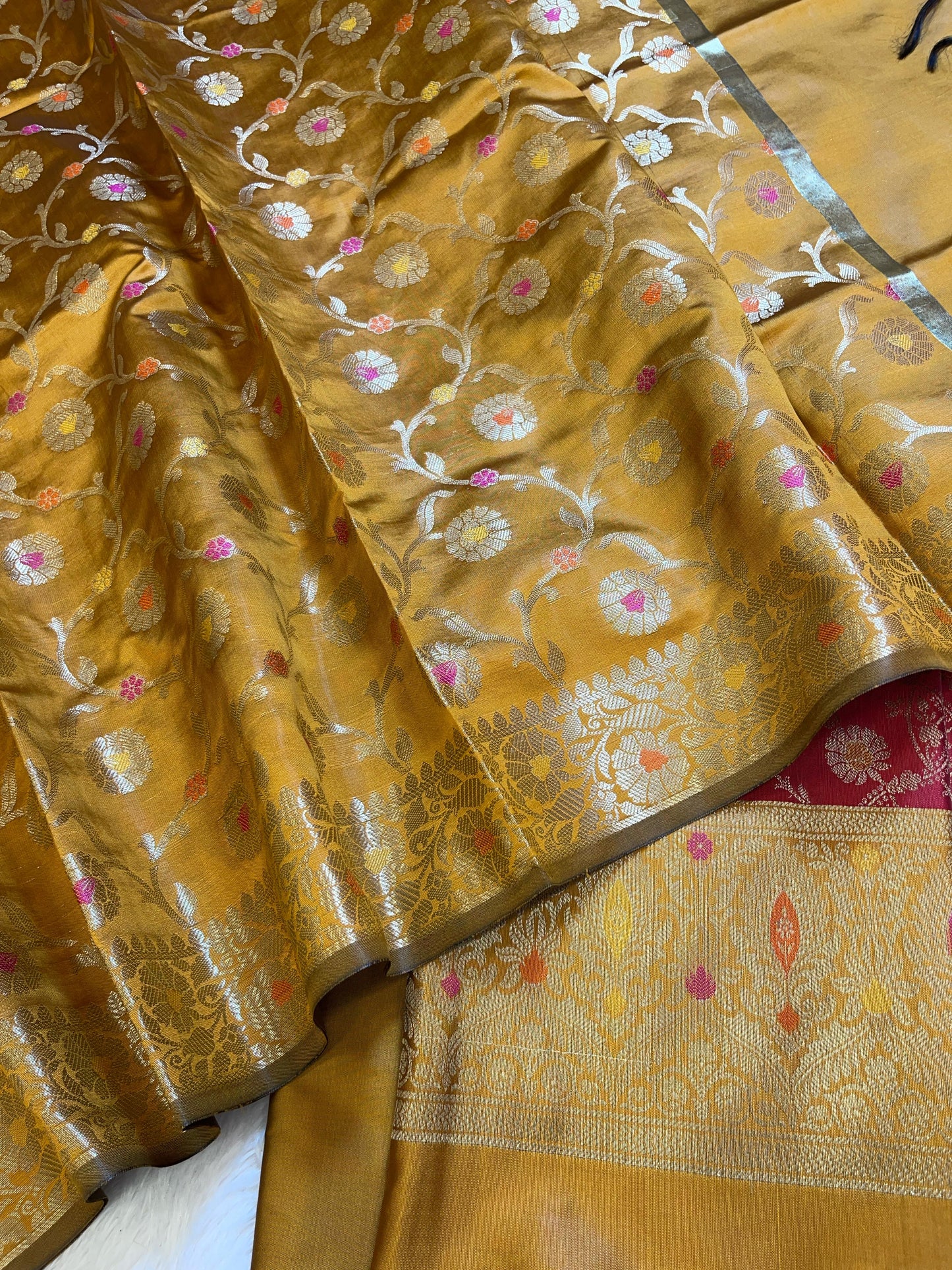 Red Art Silk Floral Zari Mina Jaal Contrast Banarasi Suit with Mustard Dupatta 625AJ_TPT13