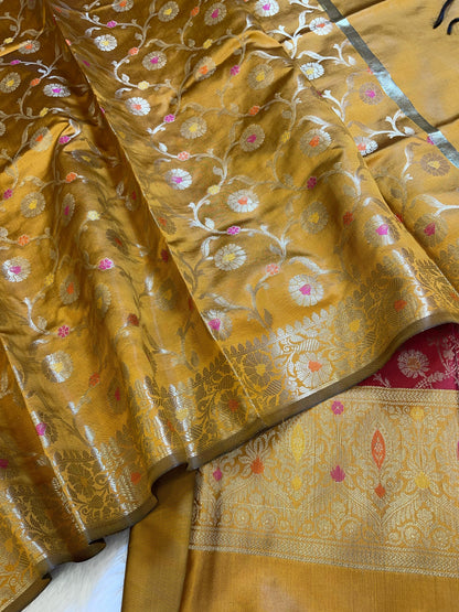 Red Art Silk Floral Zari Mina Jaal Contrast Banarasi Suit with Mustard Dupatta 625AJ_TPT13
