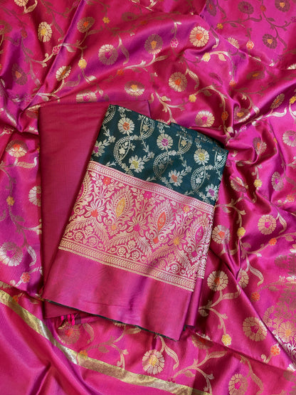 Darkgreen Art Silk Floral Zari Mina Jaal Contrast Banarasi Suit with Pink Dupatta 625AJ_TPT14