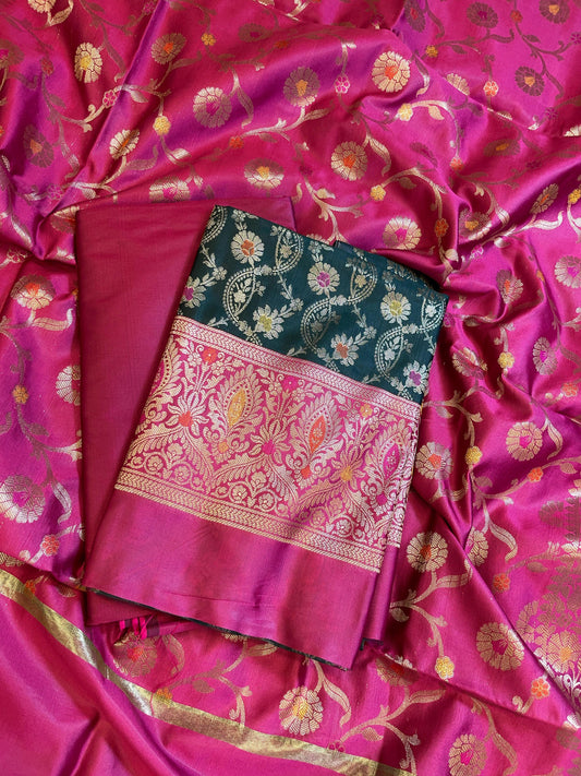 Darkgreen Art Silk Floral Zari Mina Jaal Contrast Banarasi Suit with Pink Dupatta 625AJ_TPT14