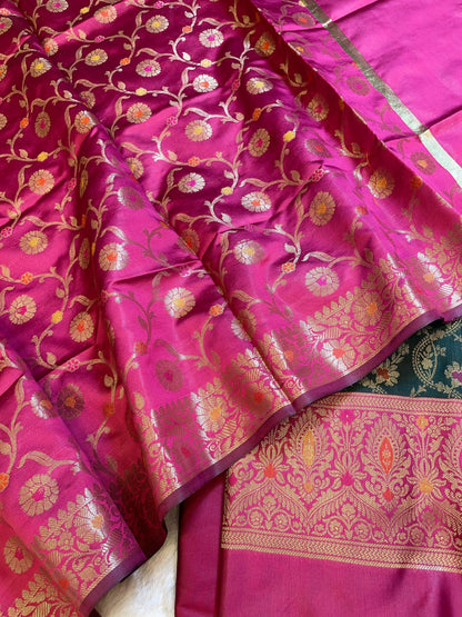 Darkgreen Art Silk Floral Zari Mina Jaal Contrast Banarasi Suit with Pink Dupatta 625AJ_TPT14