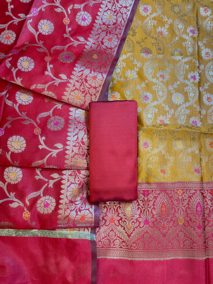 Mustard Art Silk Floral Zari Mina Jaal Contrast Banarasi Suit with Red Dupatta 625AJ_TPT16