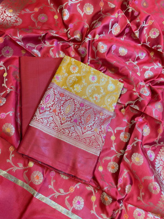 Mustard Art Silk Floral Zari Mina Jaal Contrast Banarasi Suit with Red Dupatta 625AJ_TPT16