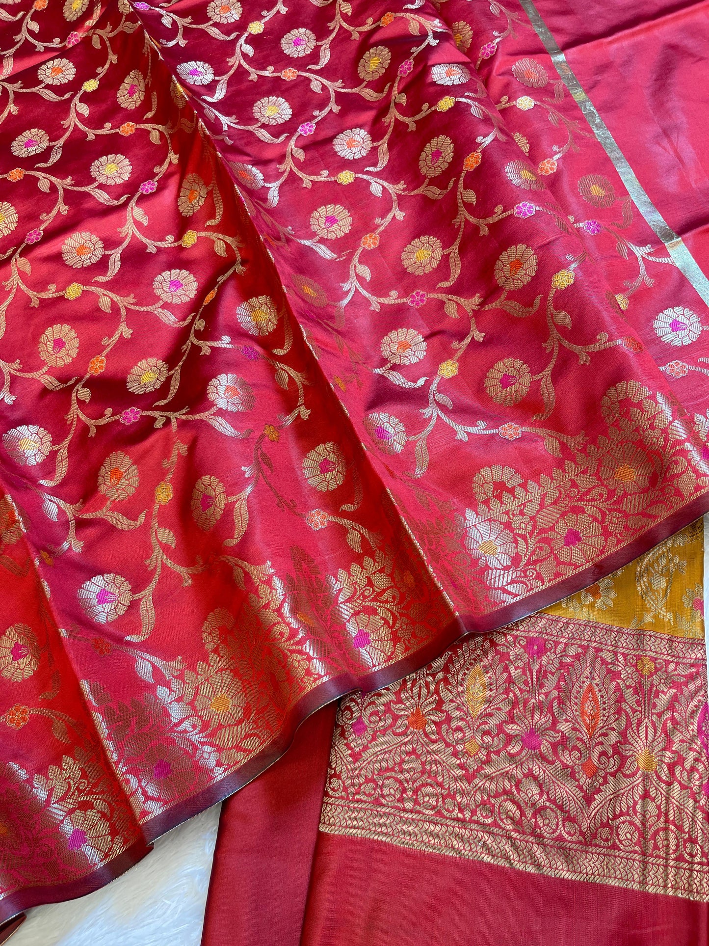 Mustard Art Silk Floral Zari Mina Jaal Contrast Banarasi Suit with Red Dupatta 625AJ_TPT16