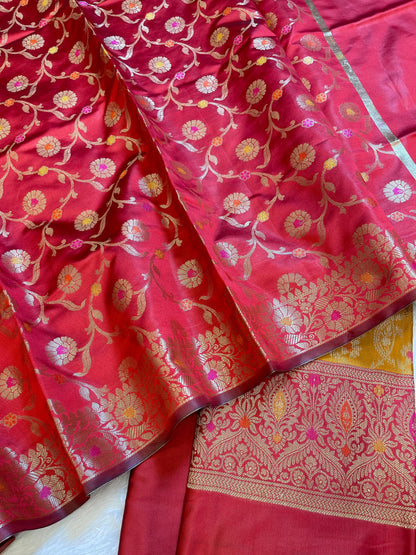 Mustard Art Silk Floral Zari Mina Jaal Contrast Banarasi Suit with Red Dupatta 625AJ_TPT16