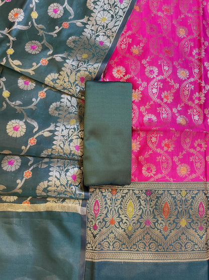 Pink Art Silk Floral Zari Mina Jaal Contrast Banarasi Suit with Darkgreen Dupatta 625AJ_TPT17