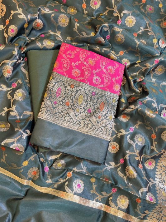 Pink Art Silk Floral Zari Mina Jaal Contrast Banarasi Suit with Darkgreen Dupatta 625AJ_TPT17
