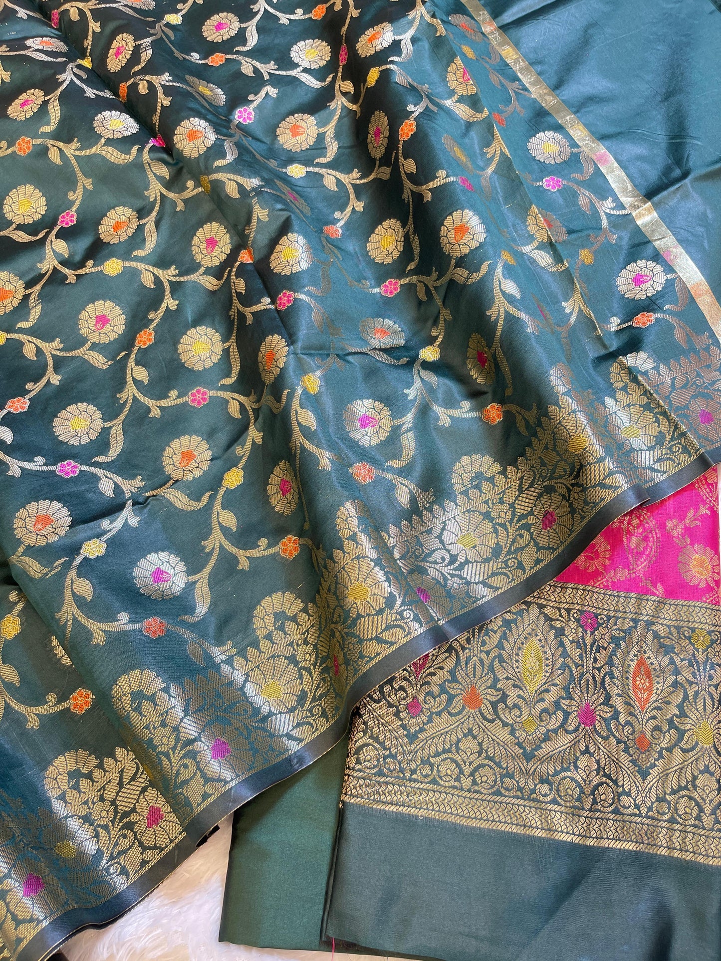 Pink Art Silk Floral Zari Mina Jaal Contrast Banarasi Suit with Darkgreen Dupatta 625AJ_TPT17