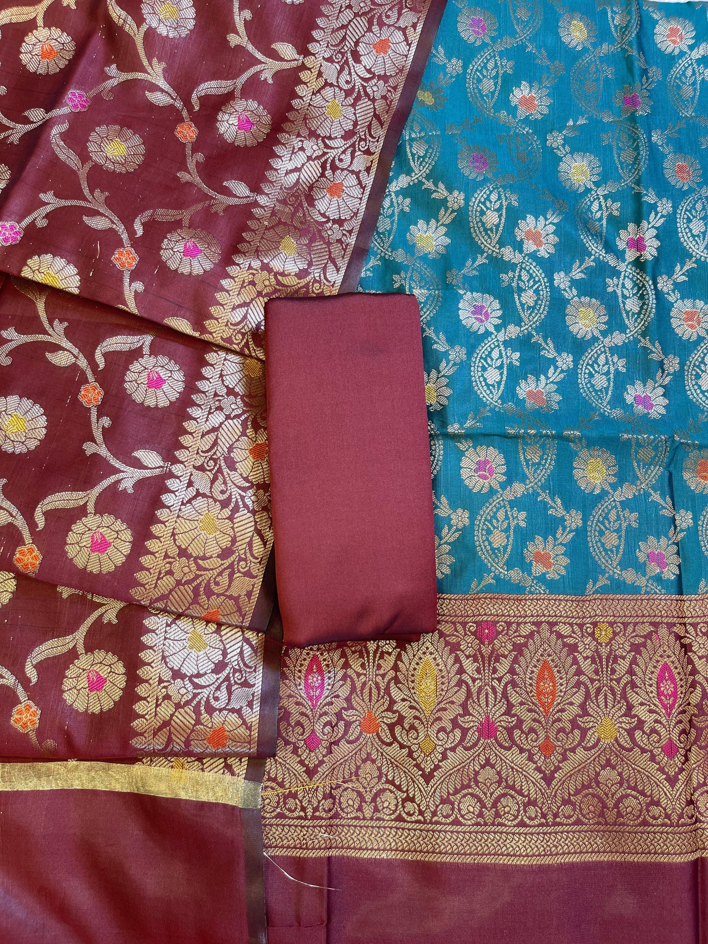 Seagreen Art Silk Floral Zari Mina Jaal Contrast Banarasi Suit with Maroon Dupatta 625AJ_TPT18
