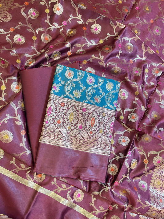 Seagreen Art Silk Floral Zari Mina Jaal Contrast Banarasi Suit with Maroon Dupatta 625AJ_TPT18