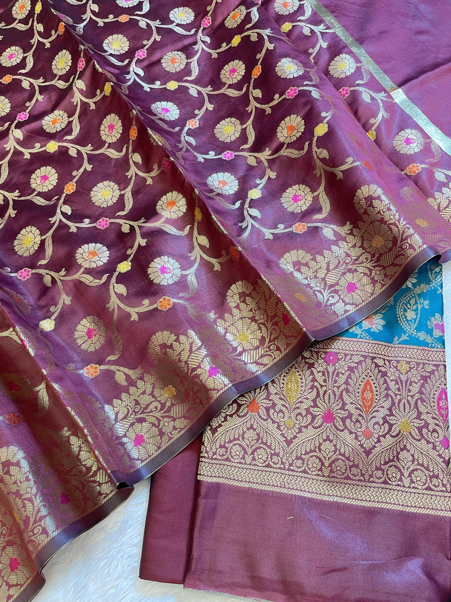Seagreen Art Silk Floral Zari Mina Jaal Contrast Banarasi Suit with Maroon Dupatta 625AJ_TPT18
