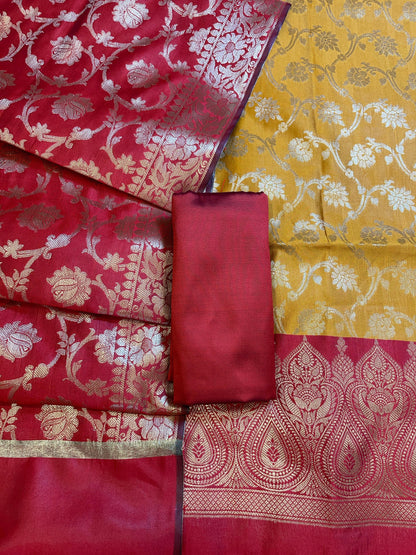 Mustard Art Silk Floral Zari Jaal Contrast Banarasi Suit with Red Dupatta 625AJ_TPT19