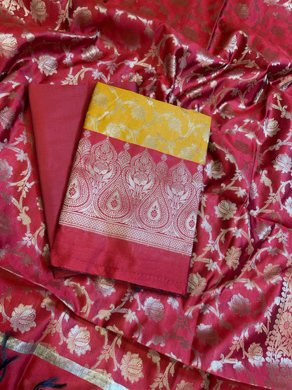 Mustard Art Silk Floral Zari Jaal Contrast Banarasi Suit with Red Dupatta 625AJ_TPT19