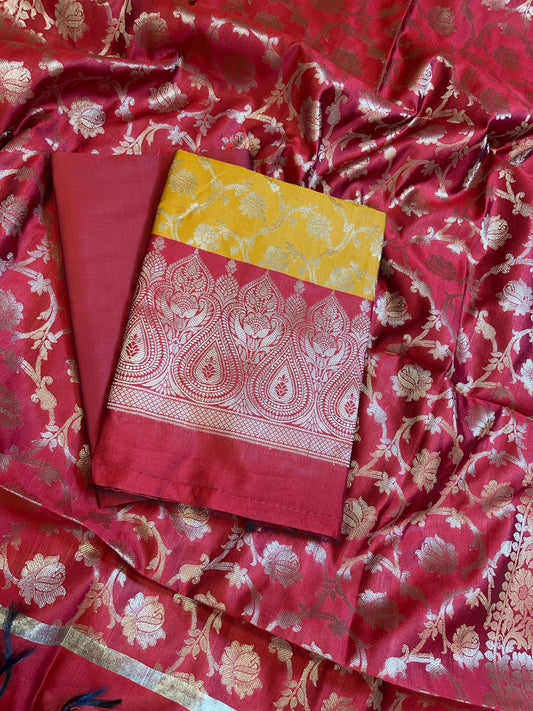 Mustard Art Silk Floral Zari Jaal Contrast Banarasi Suit with Red Dupatta 625AJ_TPT19
