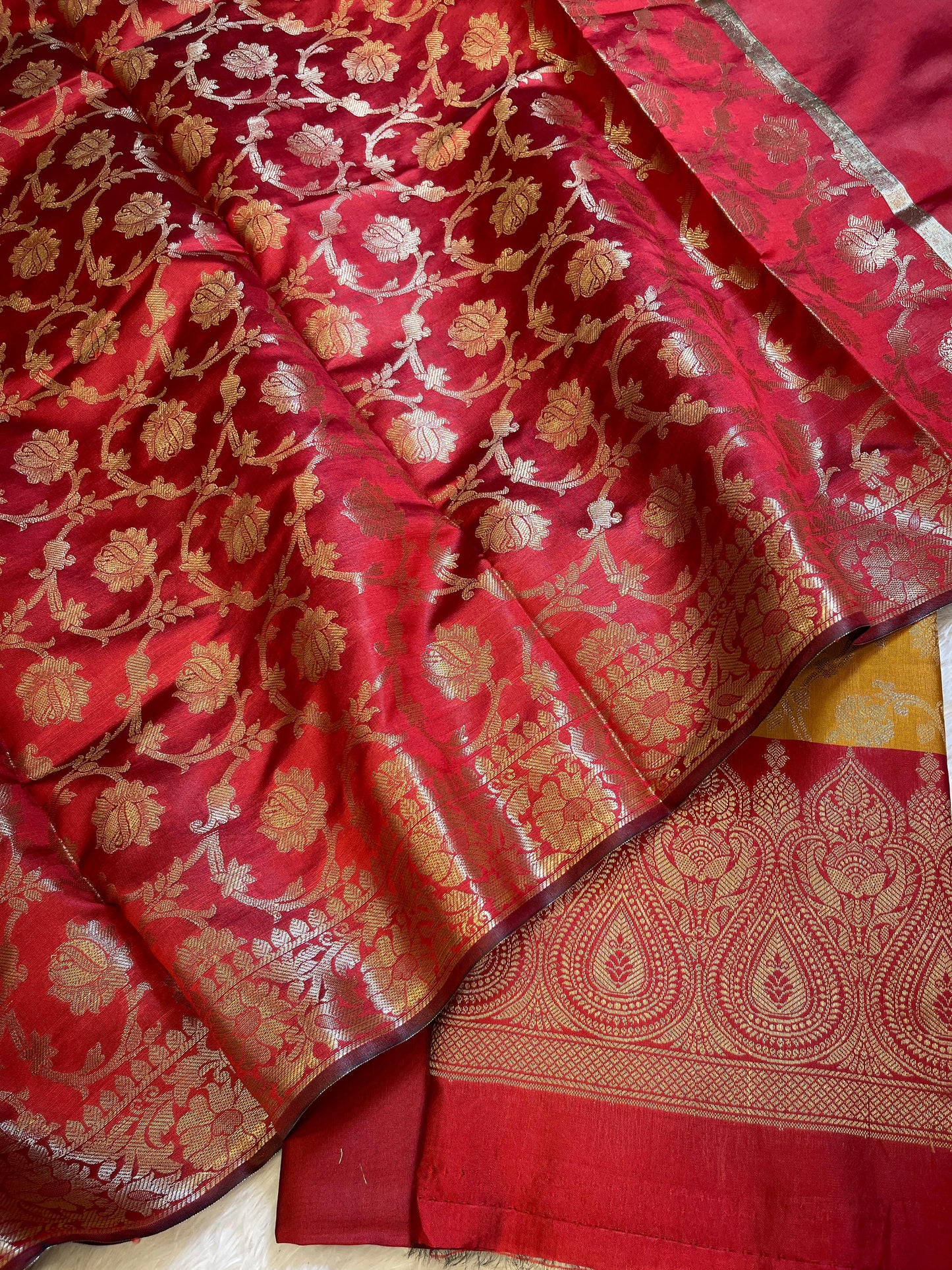 Mustard Art Silk Floral Zari Jaal Contrast Banarasi Suit with Red Dupatta 625AJ_TPT19
