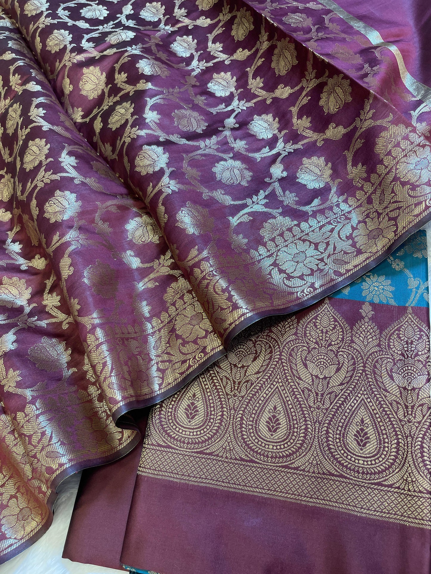 Seagreen Art Silk Floral Zari Jaal Contrast Banarasi Suit with Maroon Dupatta 625AJ_TPT20