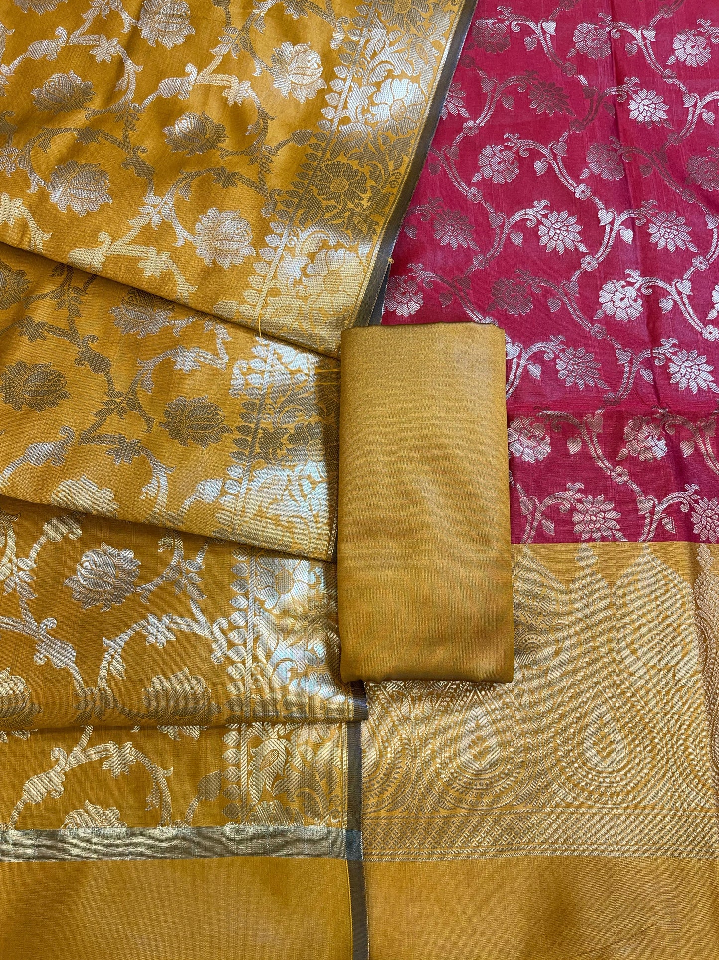 Red Art Silk Floral Zari Jaal Contrast Banarasi Suit with Mustard Dupatta 625AJ_TPT21