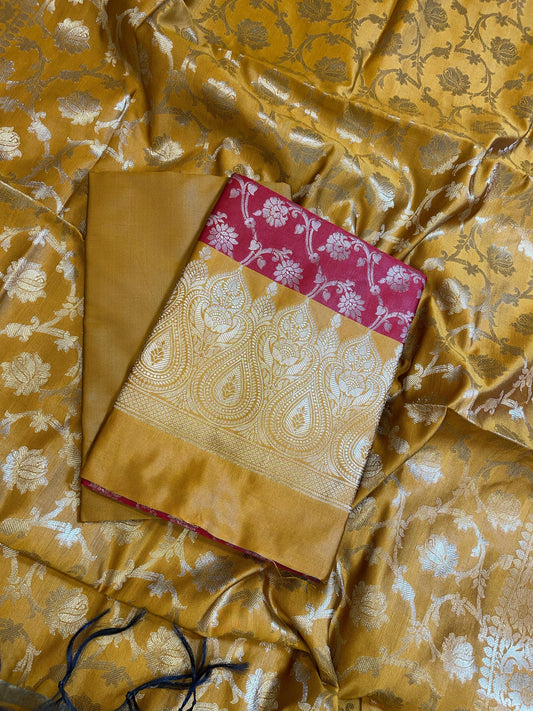 Red Art Silk Floral Zari Jaal Contrast Banarasi Suit with Mustard Dupatta 625AJ_TPT21