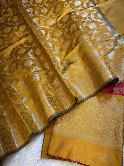 Red Art Silk Floral Zari Jaal Contrast Banarasi Suit with Mustard Dupatta 625AJ_TPT21