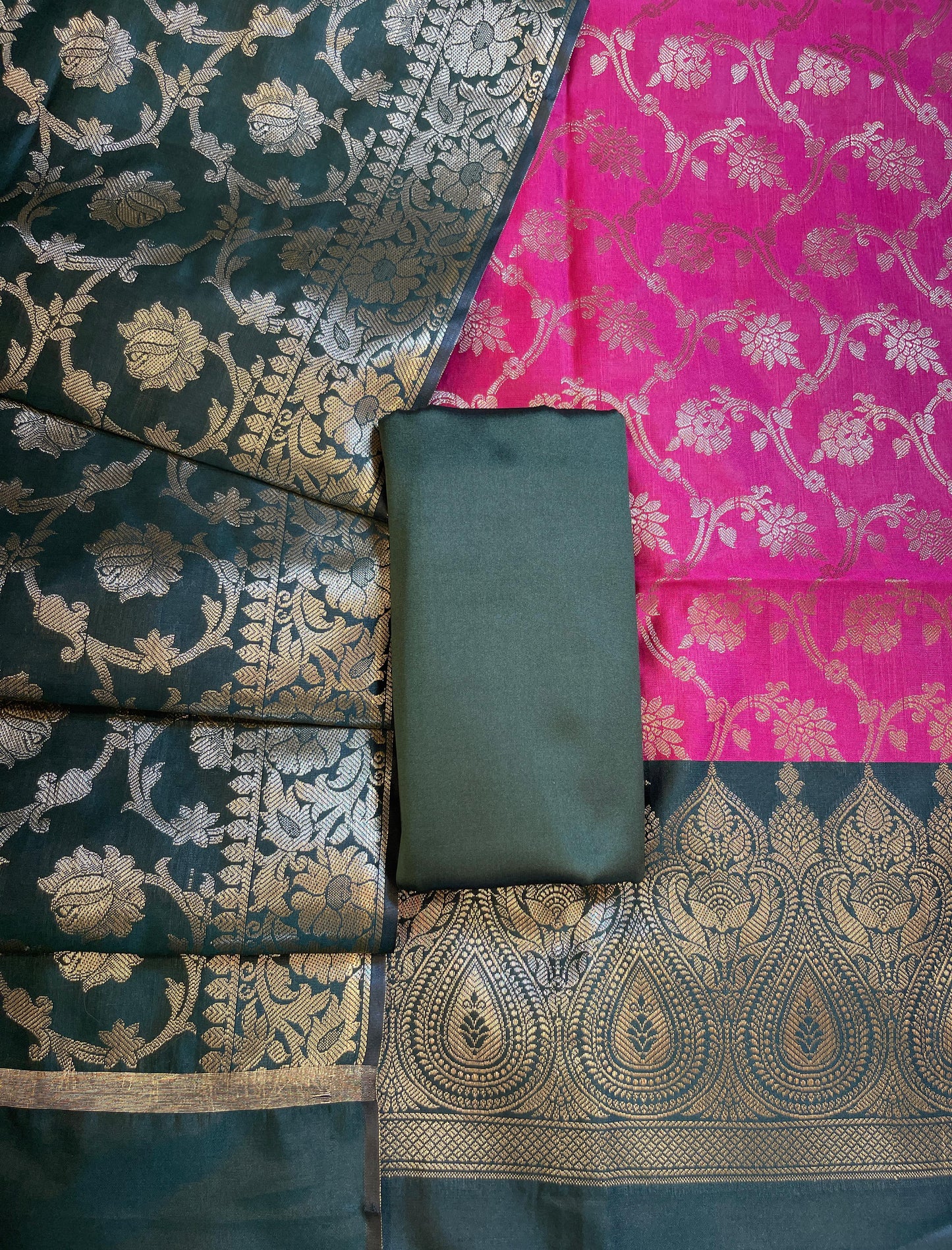 Pink Art Silk Floral Zari Jaal Contrast Banarasi Suit with Darkgreen Dupatta 625AJ_TPT22