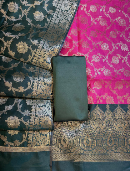 Pink Art Silk Floral Zari Jaal Contrast Banarasi Suit with Darkgreen Dupatta 625AJ_TPT22