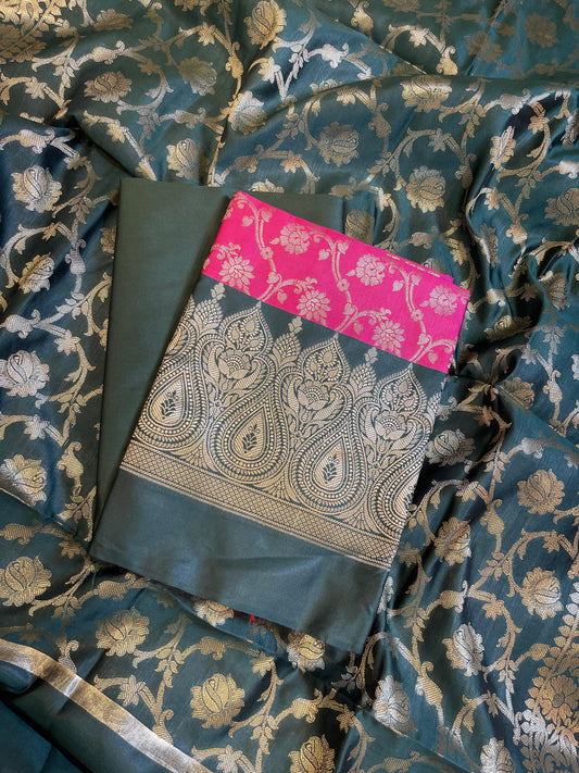 Pink Art Silk Floral Zari Jaal Contrast Banarasi Suit with Darkgreen Dupatta 625AJ_TPT22