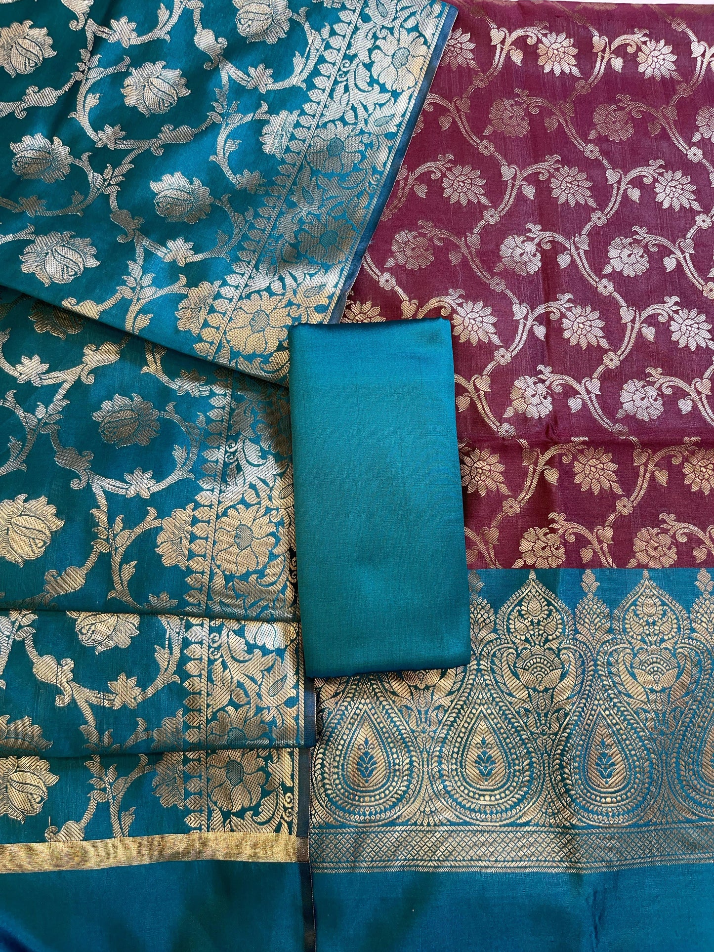 Maroon Art Silk Floral Zari Jaal Contrast Banarasi Suit with Seagreen Dupatta 625AJ_TPT23