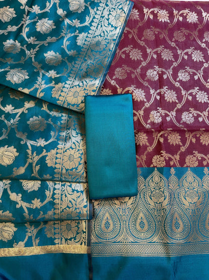 Maroon Art Silk Floral Zari Jaal Contrast Banarasi Suit with Seagreen Dupatta 625AJ_TPT23